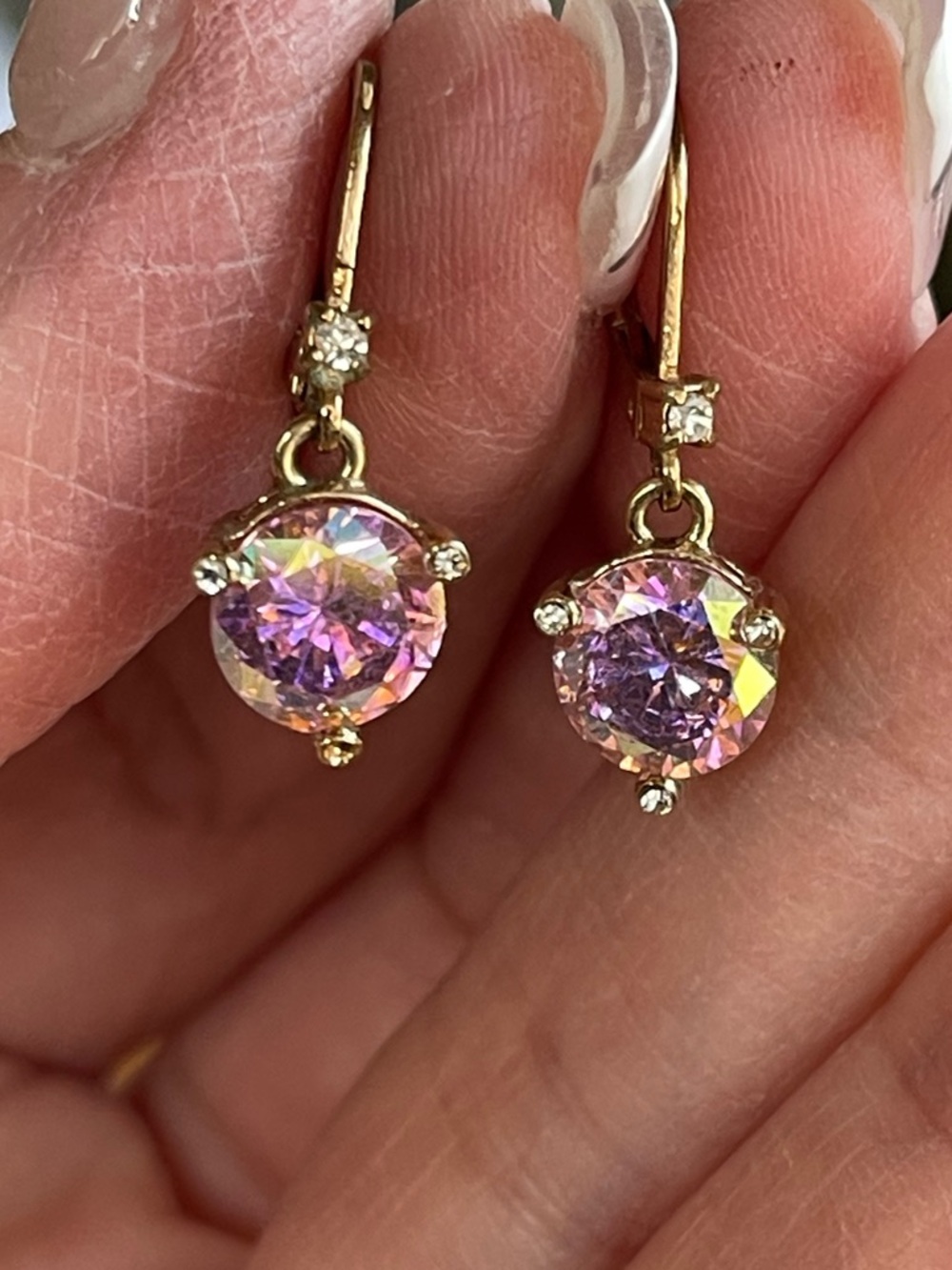 Gold Tone Lever Back Prong Set Aurora Borealis Pink and Clear Crystal Earrings